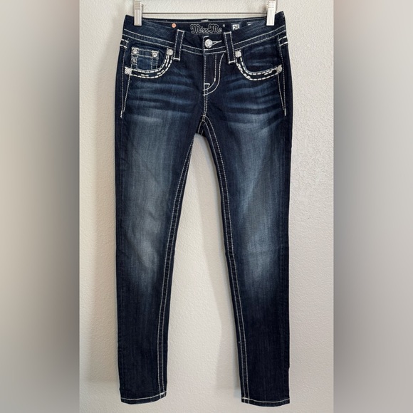 Miss Me Dark Wash Skinny with Rhinestones Bold Stitching Y2K